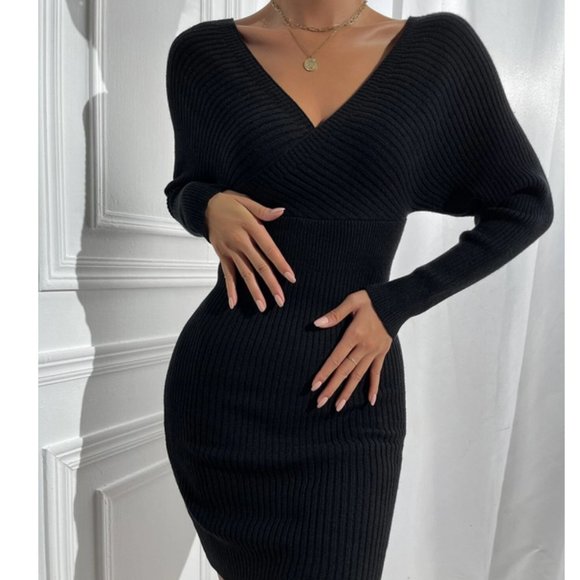 Fitted Off Shoulder Ribbed Sweater Dress Black Fall winter classy sexy evening - Picture 6 of 10